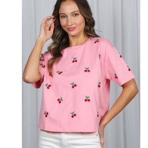 New Vine & Love Cherry Embroidered Print Pink Top Sz Small NWT 🍒🍒🍒